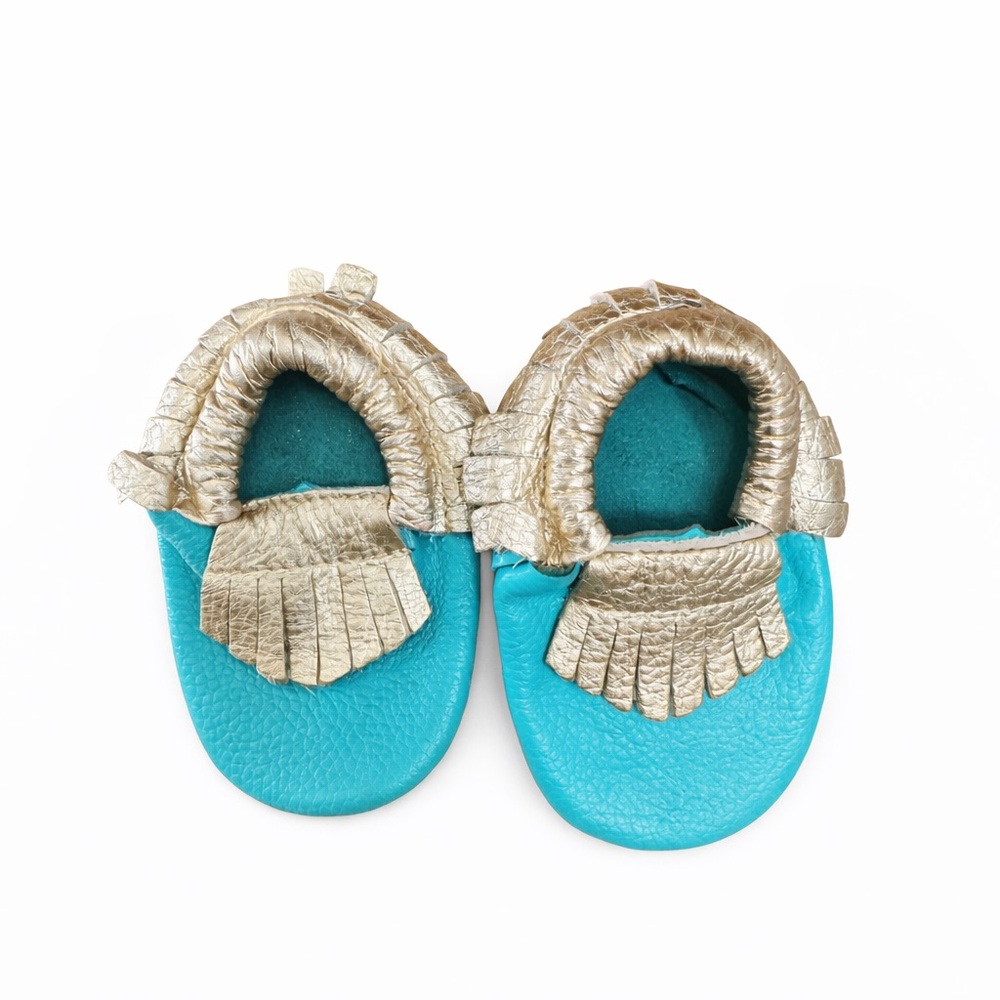 Hand Crafted Gold and Teal Kids Leather Shoes Size 5/6 Flexible. Boho Cowgirl